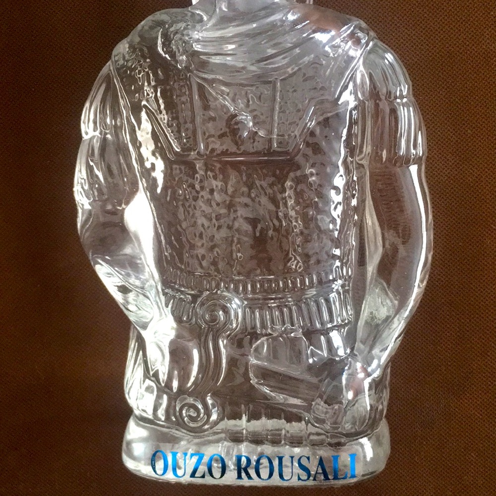 RARE COLLECTIBLE OUZO ROUSALI GLASS BOTTLE W/REMOVABLE HEAD